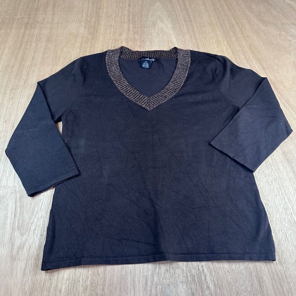 Willi Smith Brown Silk Blend Top XL Metallic Trim‎ 3/4 Sleeve Shimmer Knit